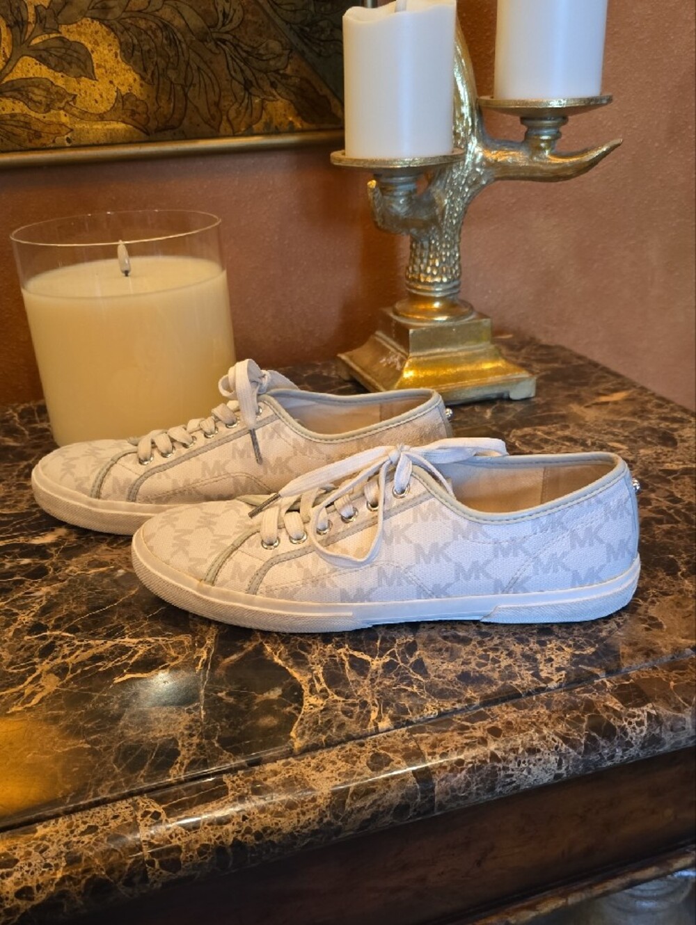 Michael Kors Beige and White MK Logo Low-Top Sneakers - Picture 4 of 9
